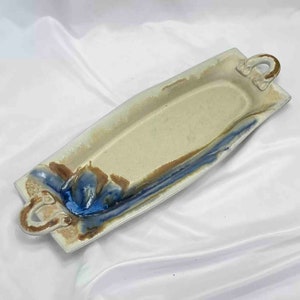 Art Pottery Tray with Handles Blue and Brown Glaze Signed JUDY 18"