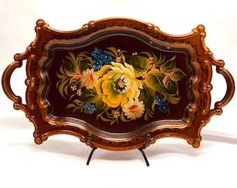 Bandeja de hojalata vintage flores pintadas a mano acentos negros plato de baratija