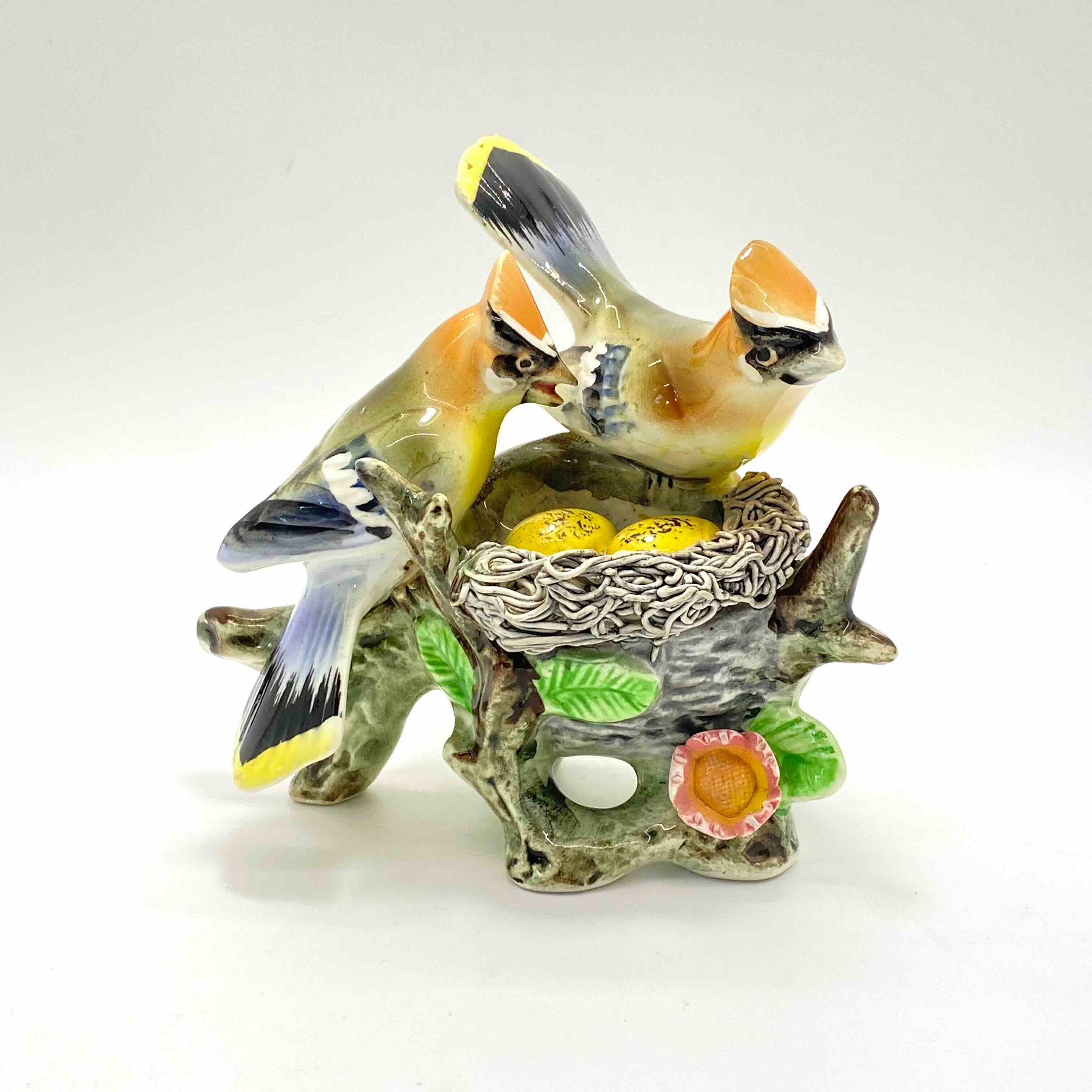 Vintage Japanese Porcelain Figurine Two Waxwing Adults Two Yellow