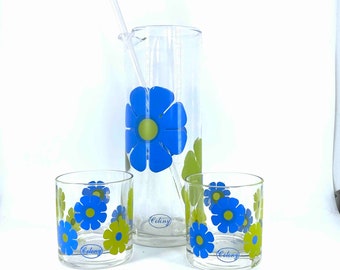 MCM Glass Cocktail Pitcher with Stirrer and Two Cups Blue and Green Flower Power by Colony