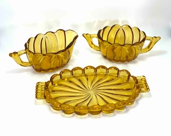 Vintage Amber Glass Sugar and Creamer with Tray