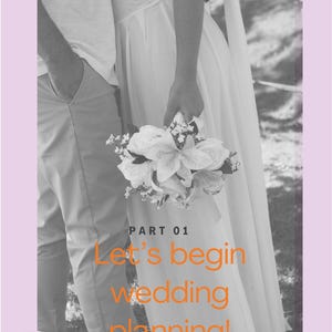 Puede incluir: Imagen en escala de grises de una pareja, con la novia sosteniendo un ramo de flores blancas. El texto "Let's begin wedding planning!" se muestra en naranja. La imagen está sobre un fondo morado claro.