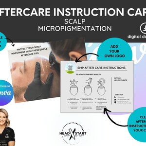 Op de afbeelding: Een dubbelzijdige instructiekaart voor scalp micropigmentatie. De kaart toont een zwart-witte illustratie van een persoon die een scalp micropigmentatiebehandeling ondergaat. De kaart bevat ook een sectie voor het toevoegen van een logo, een sectie voor toekomstige afspraken en een sectie voor contactgegevens. De kaart is ontworpen om te worden aangepast in Canva.