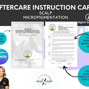 Op de afbeelding: Een dubbelzijdige instructiekaart voor de nazorg na scalp micropigmentatie. De kaart heeft een logo-placeholder, ruimte voor toekomstige afspraken en contactgegevens. De kaart bevat een gedetailleerde instructielijst voor de eerste 5 dagen na de behandeling en de dagen daarna. De kaart is aanpasbaar in Canva en is een digitale download.