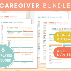 CAREGIVER BUNDLE - 6 TEMPLATES for Caregivers, Home Health, Senior Care, Activity & Medication, Printable and Fillable Pdf, Instant Download