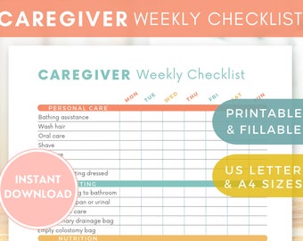 CAREGIVER WEEKLY ACTIVITY Log, Mon to Sun Task Checklist Template for Caregivers, Home Health, Senior Care, Printable & Fillable, Download