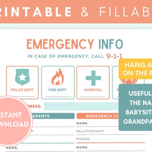 Fillable Printable EMERGENCY CONTACT Info Sheet Template for Daycare, Babysitter, Nanny, Caregiver, Grandparent, Pet Section, PDF Download