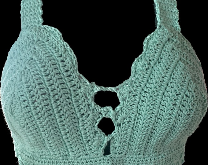 Featured listing image: Crocheted Mint Bikini Top: Boho Summer Festival Wear, Cotton Rayon Blend