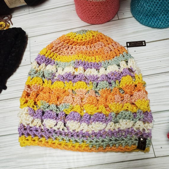Crochet Rainbow Beanie or Messy Bun Hat - Colorful Swag Style