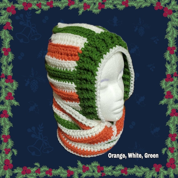 Crochet Hooded Scarf, Scoodie, Winter Warmth, Striped Hood and Scarf