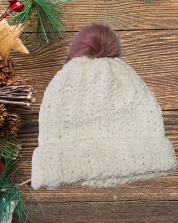HAT: White Winter Hat with removable faux fur pom-pom