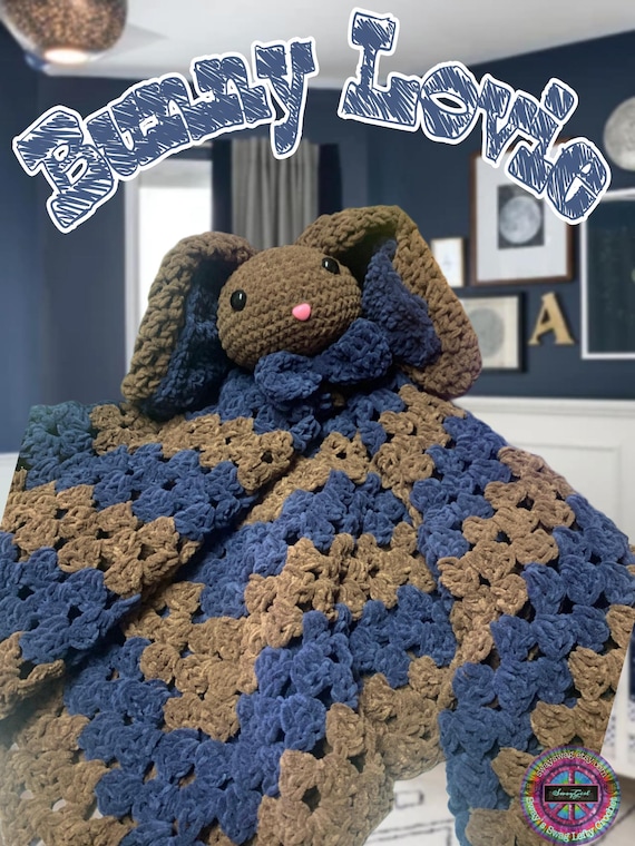 Handmade Crochet Bunny Lovie - Blue & Brown Blanket