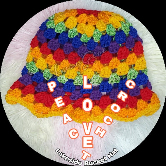 Crocheted Rainbow Bucket Hat: Peace, Love, Swag