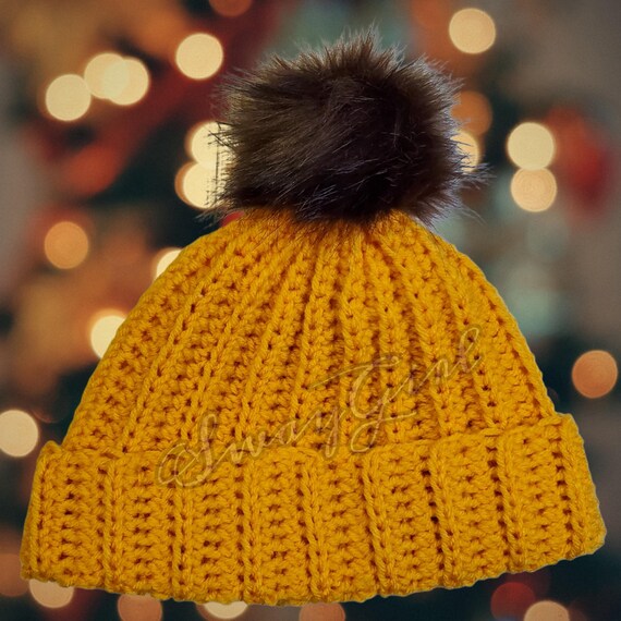 HAT: Gold Winter Hat with removable faux fur pom-poms