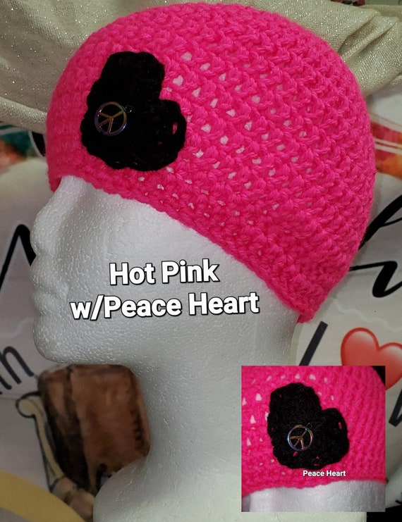 Hot Pink Crocheted Beanie – Handmade Boho Winter Hat with Peace Heart