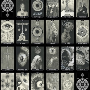 May include: A collection of tarot cards with detailed black and white illustrations. Each card features unique artwork and titles, including "The Fool," "The Magician," and "The Lovers." The cards are arranged in a grid, with a black background.