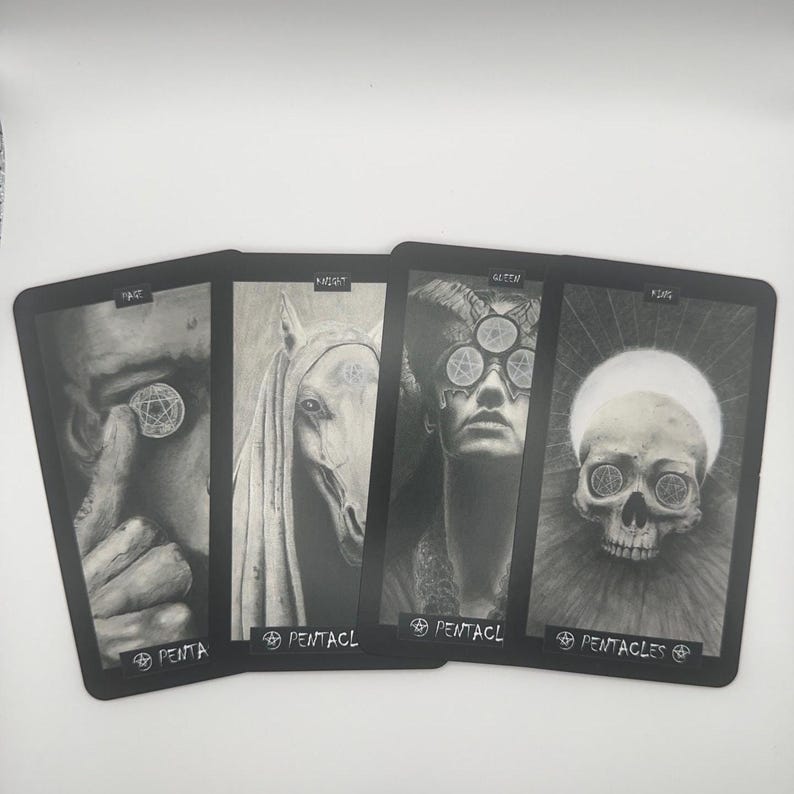 May include: Four tarot cards with black borders and grayscale illustrations. The cards feature images of a person holding a coin, a horse, a person with multiple coins over their eyes, and a skull. The word "Penta" and "Pentacles" are visible.