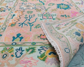 Premium Hand Knotted Floral Rugs For Home Decor Cozy Area Rooms Oushak Vintage Pink Carpet