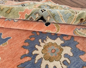 Vintage Inspired Wool Rug 5X7 5X8 7X10 8X10 9X12 Handmade Terracotta & Green Floral Carpet – Living Room Bedroom Boho Home Decor