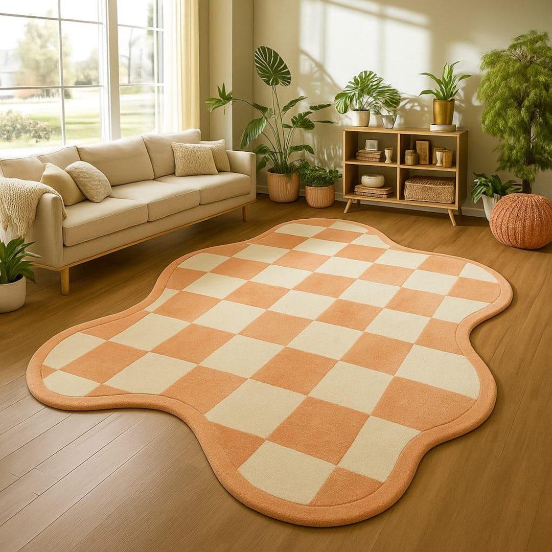 Wavy Checker Pattern Rug Wavy Checkered Rug Peach and Cream, Irregular Checkerboard Area Rug ...