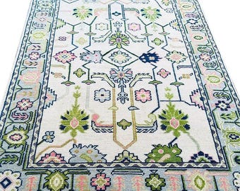 Pastel Pink & Green Oriental Carpet 5X7 5X8 7X10 9X12 Handmade Oushak Ivory Floral Rug – Vintage Style Area Rug for Living Room and Bedroom