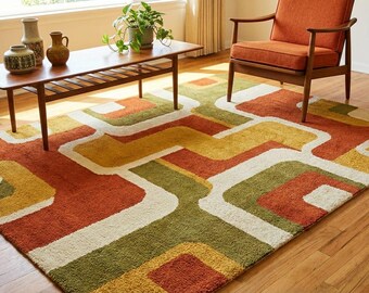 Mid Century Modern Geometric Area Rug | Retro Abstract Living Room Rug | Green Orange Mustard Floor Carpet | Vintage Style Home Decor Rug