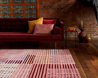 Modern Patchwork Stripe Rug – Handmade Multicolor Burgundy, Pink & Mustard Rectangle Carpet – Contemporary Grid Pattern Area Rug for Home