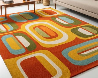 Retro Geometric Area Rug 7X10 8X10 Mid Century Modern Colorful Carpet, Orange Yellow Green Modern Art Rug, Living Room Bedroom Accent Rug