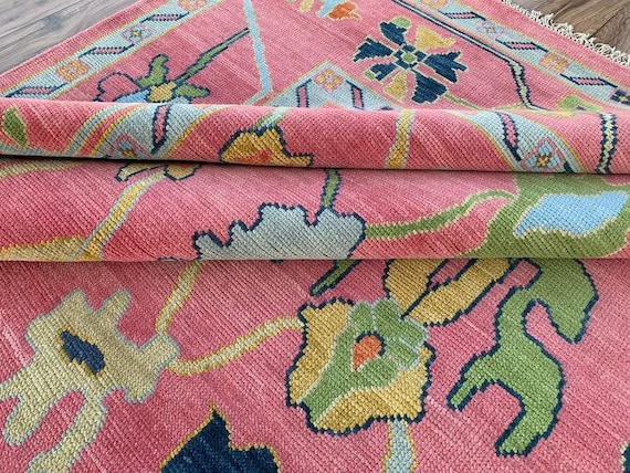 Pink Oriental Wool Rug 5X7 5X8 7X10 Hand-knotted Floral Boho Area Carpet – Colorful Vintage Style Rug for Living Room & Bedroom Home Decor