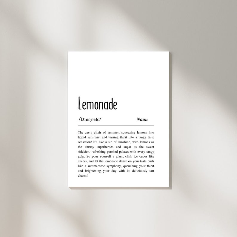 Lemonade Definition Art, Refreshing Summer Decor, Instant Digital