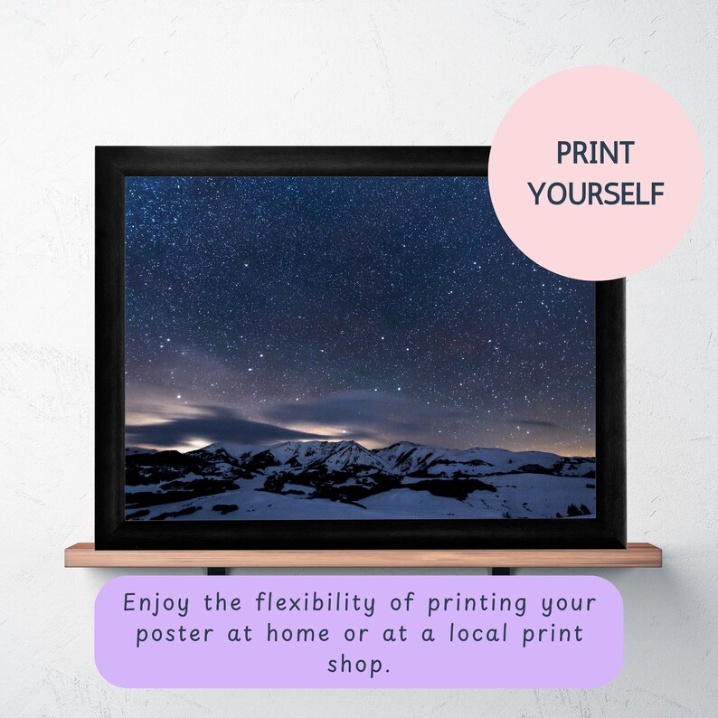 Stunning Starry Night Mountain Landscape Printable Serene Snowcovered