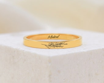 Custom Birth Flower Engraved Rings,Name Band,Flower Stacking Ring,Gold Jewelry,Birthday Gifts for Her,Christmas Gifts,Best Holiday Gifts