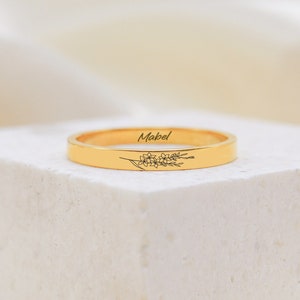 Bagues gravées de fleurs de naissance personnalisées, bande de nom, bague de fleurs empilables, bijoux en or, cadeaux d'anniversaire pour elle, cadeaux de Noël, meilleurs cadeaux de vacances
