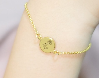 Custom Birth Flower Bracelet,Bracelet For Woman,Silver Mothers Bracelet,Disc Bracelet,Personalized Jewelry,Bridesmaid Gifts,Birthday Gifts