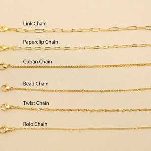 May include: An assortment of gold-coloured chain necklaces, each with a unique design. The image showcases a Link Chain, Paperclip Chain, Cuban Chain, Bead Chain, Twist Chain, and Rolo Chain, each labelled with its name.