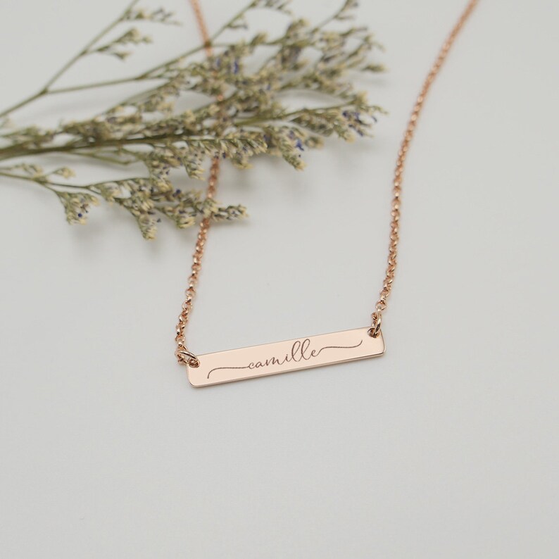 Dainty Bar Name Necklace, Gold Engraved Mama Necklace, Personalised