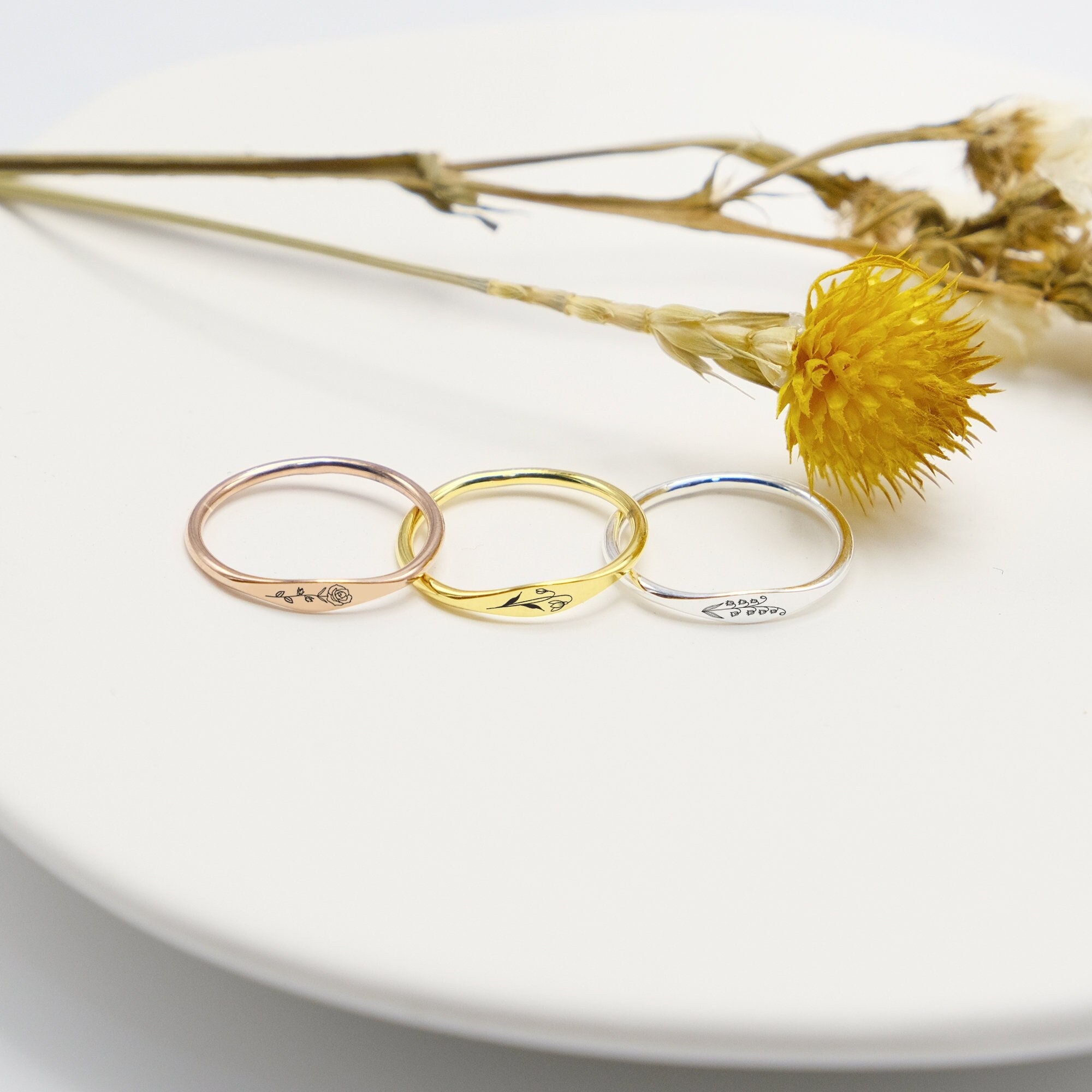 Custom Birth Flower Ringsengraved Flower Stacking - Etsy