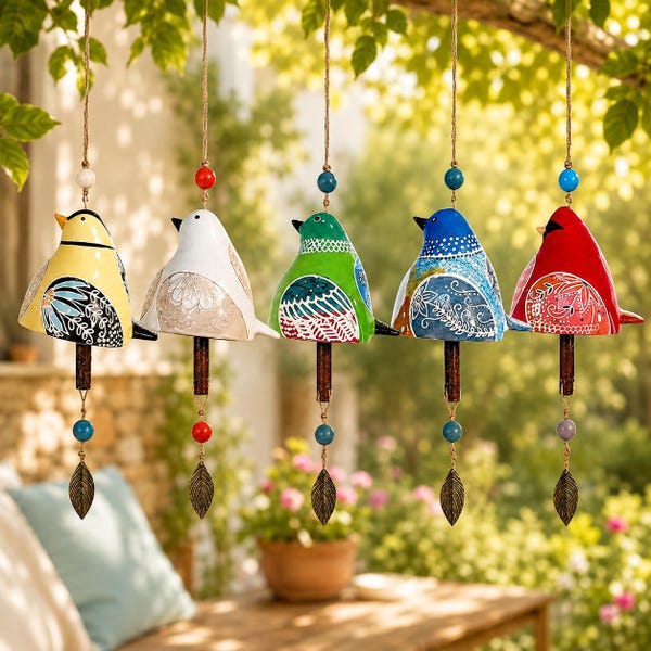 Colorful Bird Wind Chime, Handmade Hanging Garden Decor, Painted Bird Ornament, Outdoor Patio Decoration, Bird Lover Gift