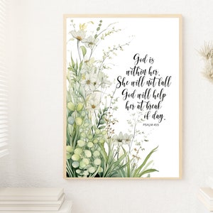 Digital Print - God is within Her She Will Not Fall Psalm 46:5 Wildflowers Christian Digital Download Print, Scripture Wall Art, Bible Verse
