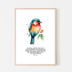 Digital Print - He will Cover You with His Feathers Bird Psalm 91:4 Christian Digital Download Prints, Scripture, Bible Verse, Home Wall Art