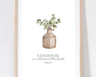 Könnte beinhalten: Ein Aquarelldruck einer Vase mit grünen Blättern und dem Zitat "Was mich und mein Haus betrifft, so wollen wir dem Herrn dienen." Josua 24,15.