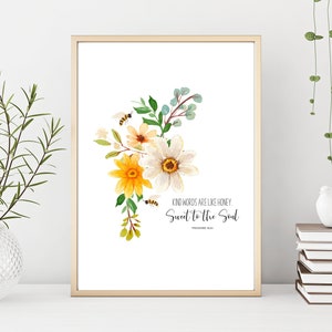 Print - Kind  Words are Like Honey, Sweet to the Soul Proverbs Bees Scripture Christian, Bible Verse Prints, Home Decor Wall Art