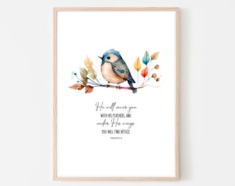 Digital Print - He will Cover You with His Feathers Bird Psalm 91:4 Christian Digital Download Print, Scripture Wall Art, Bible Verse,
