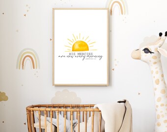 Digital Print - His Mercies are New Every Morning Sun Christian Digital Download Print, Scripture Kids Nursery Bible Verse Wall Art