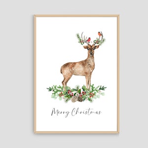 Digital Print - Merry Christmas Woodland Deer with Birds, Download Prints, Wall Art, Christmas Decor