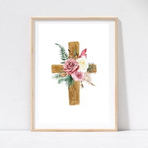 Digital Print - Floral Rustic Wooden Cross Christian Digital Download Prints, Scripture, Bible Verse, Home Decor