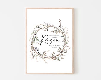 Digital Print - He is Not Here For He Is Risen Matthew 28:6 Easter Wildflowers Digital Download, Scripture, Bible Verse, Christian Wall Art