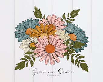 Wachsen in Gnade Retro Greenery floral 2 Petrus 3:18 PNG, Schriftdesigns, Bibelversdesign, Christlich, Sublimationsgrafik