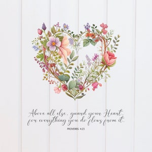 PNG-Datei - Vor allem beschütze dein Herz Sprüche Floral, Schriftdesigns, Bibelvers, digitaler Christ, Sublimationsgrafik