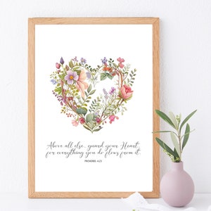 Digitale print - bewaak vooral je hart Bloemen hart Spreuken christelijke digitale download prints, schrift, bijbeltekst, woondecoratie